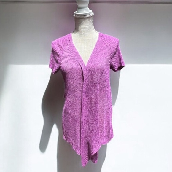 🌻Eileen Fisher Purple Linen Lagenlook Short Sleeve Knit Cardigan Size S Petite - Picture 1 of 11